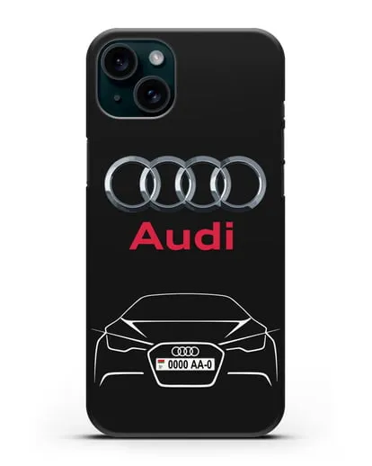 Чехол Audi с автомобильным номером силиконовый для iPhone 15 Plus