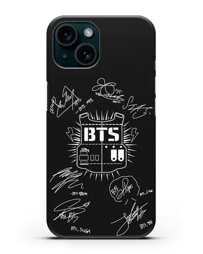 Чехол BTS Army с автографами участников группы силиконовый для iPhone 15