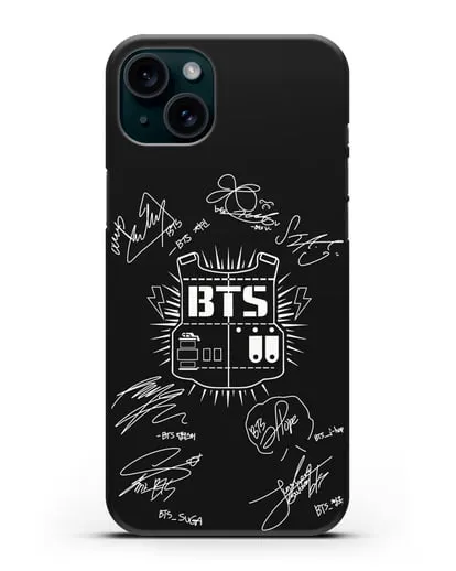 Чехол BTS Army с автографами участников группы силиконовый для iPhone 15 Plus