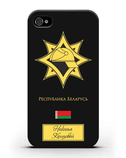 Именной чехол в золотом цвете с эмблемой МЧС Республики Беларусь силиконовый для iPhone 4/4s