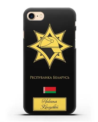 Именной чехол в золотом цвете с эмблемой МЧС Республики Беларусь силиконовый для iPhone 7