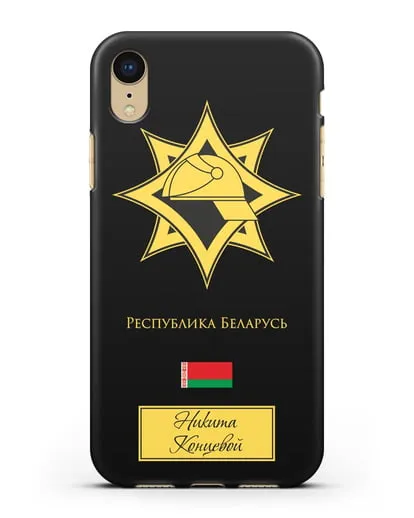 Именной чехол в золотом цвете с эмблемой МЧС Республики Беларусь силиконовый для iPhone XR
