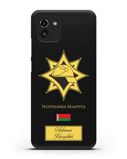 Именной чехол в золотом цвете с эмблемой МЧС Республики Беларусь силиконовый для Samsung Galaxy A03 [SM-A035]