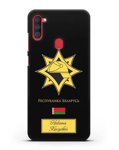 Именной чехол в золотом цвете с эмблемой МЧС Республики Беларусь силиконовый для Samsung Galaxy A11 [SM-A115F]