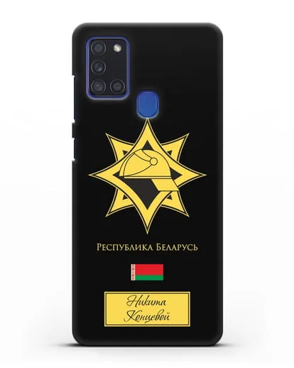 Именной чехол в золотом цвете с эмблемой МЧС Республики Беларусь силиконовый для Samsung Galaxy A21s [SM-A217F]