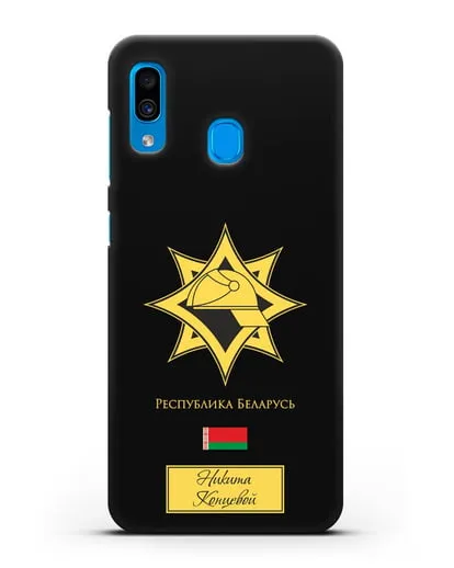 Именной чехол в золотом цвете с эмблемой МЧС Республики Беларусь силиконовый для Samsung Galaxy A30 [SM-A305FN]