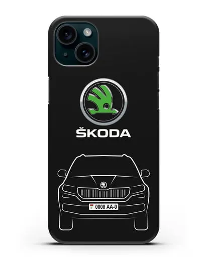 Чехол Skoda Kodiak с автомобильным номером силиконовый для iPhone 15 Plus