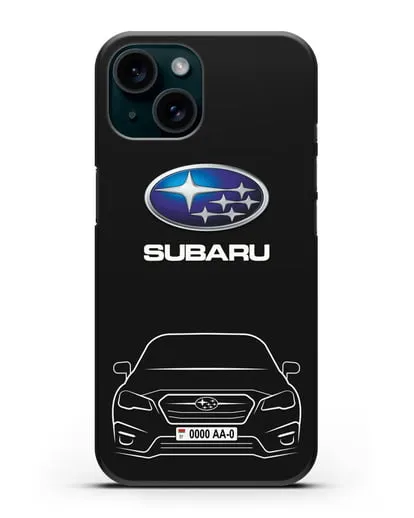 Чехол Subaru Legacy с номерным знаком силиконовый для iPhone 15