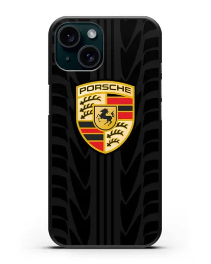 Чехол c эмблемой Porsche с протектором шин силиконовый для iPhone 15