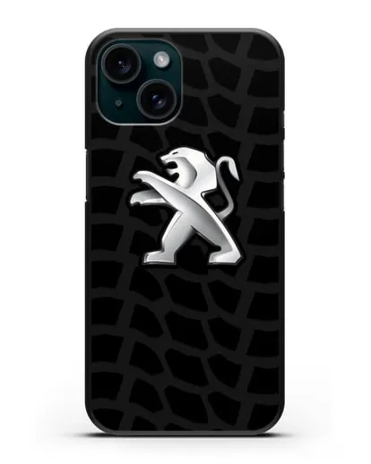 Чехол c эмблемой Peugeot с протектором шин силиконовый для iPhone 15