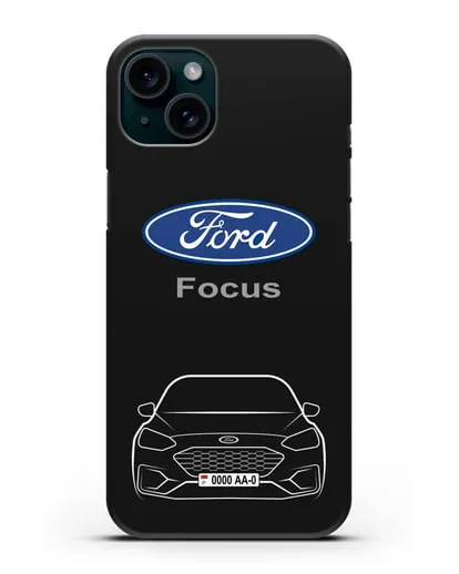 Чехол Ford Focus с автомобильным номером силиконовый для iPhone 15 Plus